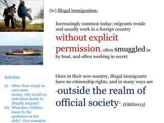 .
(iv) Illegal immigration:
Increasingly common today; migrants reside
and usually work in a foreign country
without explicit
permission, often smuggledin
by boat, and often working in secret
Once in their new country, illegal immigrants
have no citizenship rights, and in many ways are
“outside the realm of
official society”. (G&S2013)
Activities:
(i) Other than simply to
earn more
money, why would an
individual decide to
illegally migrate?
(ii) What does Giddens
mean by the
quotation on this
slide? Give examples
 