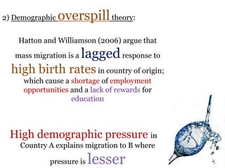 .
2) Demographic overspilltheory:
Hatton and Williamson (2006) argue that
mass migration is a laggedresponse to
high birth ratesin country of origin;
which cause a shortage of employment
opportunities and a lack of rewards for
education
High demographic pressure in
Country A explains migration to B where
pressure is lesser
 