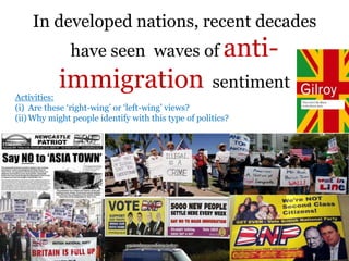 In developed nations, recent decades
have seen waves of anti-
immigration sentiment
.
Activities:
(i) Are these „right-wing‟ or „left-wing‟ views?
(ii) Why might people identify with this type of politics?
 