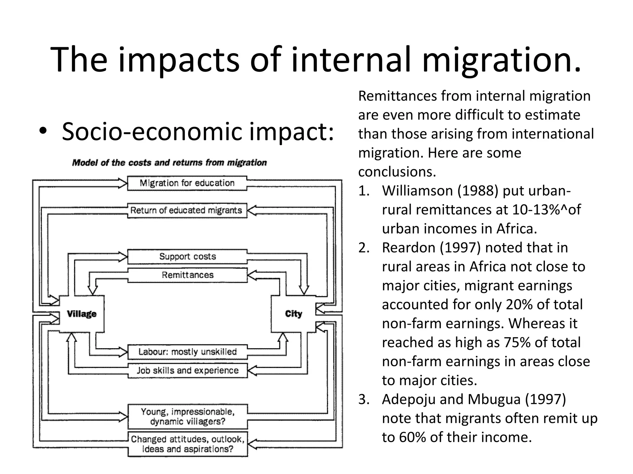 The impacts of internal migration.
• Socio-economic impact:
Remittances from internal migration
are even more difficult to estimate
than those arising from international
migration. Here are some
conclusions.
1. Williamson (1988) put urban-
rural remittances at 10-13%^of
urban incomes in Africa.
2. Reardon (1997) noted that in
rural areas in Africa not close to
major cities, migrant earnings
accounted for only 20% of total
non-farm earnings. Whereas it
reached as high as 75% of total
non-farm earnings in areas close
to major cities.
3. Adepoju and Mbugua (1997)
note that migrants often remit up
to 60% of their income.
 