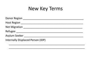 New Key Terms
Donor Region ________________________________________
Host Region _________________________________________
Net Migration _______________________________________
Refugee ____________________________________________
Asylum Seeker _______________________________________
Internally Displaced Person (IDP)
__________________________________________________
__________________________________________________
 