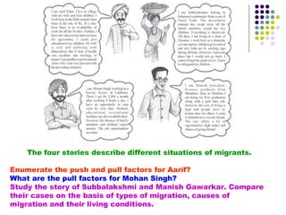 The four stories describe different situations of migrants.
Enumerate the push and pull factors for Aarif?
What are the pull factors for Mohan Singh?
Study the story of Subbalakshmi and Manish Gawarkar. Compare
their cases on the basis of types of migration, causes of
migration and their living conditions.
 