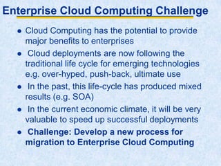 Enterprise Cloud Computing Challenge
 Cloud Computing has the potential to provide
major benefits to enterprises
 Cloud deployments are now following the
traditional life cycle for emerging technologies
e.g. over-hyped, push-back, ultimate use
 In the past, this life-cycle has produced mixed
results (e.g. SOA)
 In the current economic climate, it will be very
valuable to speed up successful deployments
 Challenge: Develop a new process for
migration to Enterprise Cloud Computing
 