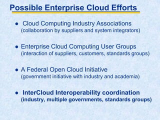 Possible Enterprise Cloud Efforts
 Cloud Computing Industry Associations
(collaboration by suppliers and system integrators)
 Enterprise Cloud Computing User Groups
(interaction of suppliers, customers, standards groups)
 A Federal Open Cloud Initiative
(government initiative with industry and academia)
 InterCloud Interoperability coordination
(industry, multiple governments, standards groups)
 