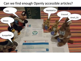 PREPRINTS!!
Crossref
EuropePMC
HAL
theses
Ameli_CA
Can we find enough Openly accessible articles?
 