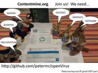 TESTERS!!
GRAPHICS
DOCUMENTING
QUERIES
SCRAPERS
SOFTWARE
Contentmine.org. Join us! We need…
http://github.com/petermr/openVirus
Peter.murray.rust AT gmail DOT com
 