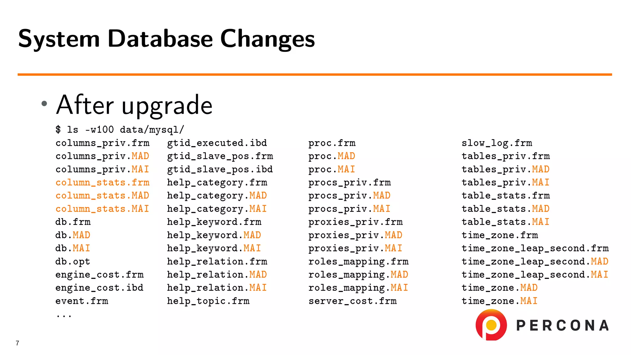 • After upgrade $ ls -w100 data/mysql/ columns_priv.frm gtid_executed.ibd proc.frm slow_log.frm columns_priv.MAD gtid_slave_pos.frm proc.MAD tables_priv.frm columns_priv.MAI gtid_slave_pos.ibd proc.MAI tables_priv.MAD column_stats.frm help_category.frm procs_priv.frm tables_priv.MAI column_stats.MAD help_category.MAD procs_priv.MAD table_stats.frm column_stats.MAI help_category.MAI procs_priv.MAI table_stats.MAD db.frm help_keyword.frm proxies_priv.frm table_stats.MAI db.MAD help_keyword.MAD proxies_priv.MAD time_zone.frm db.MAI help_keyword.MAI proxies_priv.MAI time_zone_leap_second.frm db.opt help_relation.frm roles_mapping.frm time_zone_leap_second.MAD engine_cost.frm help_relation.MAD roles_mapping.MAD time_zone_leap_second.MAI engine_cost.ibd help_relation.MAI roles_mapping.MAI time_zone.MAD event.frm help_topic.frm server_cost.frm time_zone.MAI ... System Database Changes 7 
