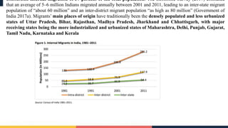enumerated internal migration of 37 percent of the total population. The Economic Survey (2017) estimated
that an average of 5–6 million Indians migrated annually between 2001 and 2011, leading to an inter-state migrant
population of “about 60 million” and an inter-district migrant population “as high as 80 million” (Government of
India 2017a). Migrants’ main places of origin have traditionally been the densely populated and less urbanized
states of Uttar Pradesh, Bihar, Rajasthan, Madhya Pradesh, Jharkhand and Chhattisgarh, with major
receiving states being the more industrialized and urbanized states of Maharashtra, Delhi, Punjab, Gujarat,
Tamil Nadu, Karnataka and Kerala
 