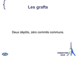 { Les grafts
Deux dépôts, zéro commits communs.
 