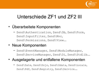 Unterschiede ZF1 und ZF2 III
• Überarbeitete Komponenten
– ZendAuthentication, ZendDb, ZendForm,
ZendInputFilter, ZendMvc,
ZendPermissions, ZendView...
• Neue Komponenten
– ZendEventManager, ZendModuleManager,
ZendServiceManager, ZendDi, ZendStdlib...
• Ausgelagerte und entfallene Komponenten
– ZendDate, ZendDojo, ZendGdata, ZendLocale,
ZendPdf, ZendRegistry, ZendService...
 