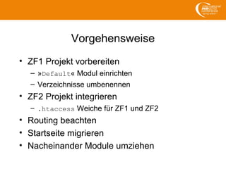 Vorgehensweise
• ZF1 Projekt vorbereiten
– »Default« Modul einrichten
– Verzeichnisse umbenennen
• ZF2 Projekt integrieren
– .htaccess Weiche für ZF1 und ZF2
• Routing beachten
• Startseite migrieren
• Nacheinander Module umziehen
 