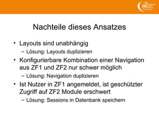 Nachteile dieses Ansatzes
• Layouts sind unabhängig
– Lösung: Layouts duplizieren
• Konfigurierbare Kombination einer Navigation
aus ZF1 und ZF2 nur schwer möglich
– Lösung: Navigation duplizieren
• Ist Nutzer in ZF1 angemeldet, ist geschützter
Zugriff auf ZF2 Module erschwert
– Lösung: Sessions in Datenbank speichern
 