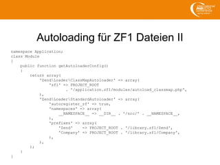 Autoloading für ZF1 Dateien II
namespace Application;
class Module
{
public function getAutoloaderConfig()
{
return array(
'ZendLoaderClassMapAutoloader' => array(
'zf1' => PROJECT_ROOT
. '/application.zf1/modules/autoload_classmap.php',
),
'ZendLoaderStandardAutoloader' => array(
'autoregister_zf' => true,
'namespaces' => array(
__NAMESPACE__ => __DIR__ . '/src/' . __NAMESPACE__,
),
'prefixes' => array(
'Zend' => PROJECT_ROOT . '/library.zf1/Zend',
'Company' => PROJECT_ROOT . '/library.zf1/Company',
),
),
);
}
}
 