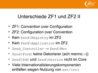Unterschiede ZF1 und ZF2 II
• ZF1: Convention over Configuration
• ZF2: Configuration over Convention
• Kein ZendRegistry im ZF2
• Kein ZendApplication im ZF2
• Zend_Controller → ZendMvc
• ZendForm: keine Dekorierer (ach menno ;-))
• ZendPdf und ZendService nicht im Core
• Viele Internationalisierungskomponenten
entfallen wegen Nutzung von ext/intl
 