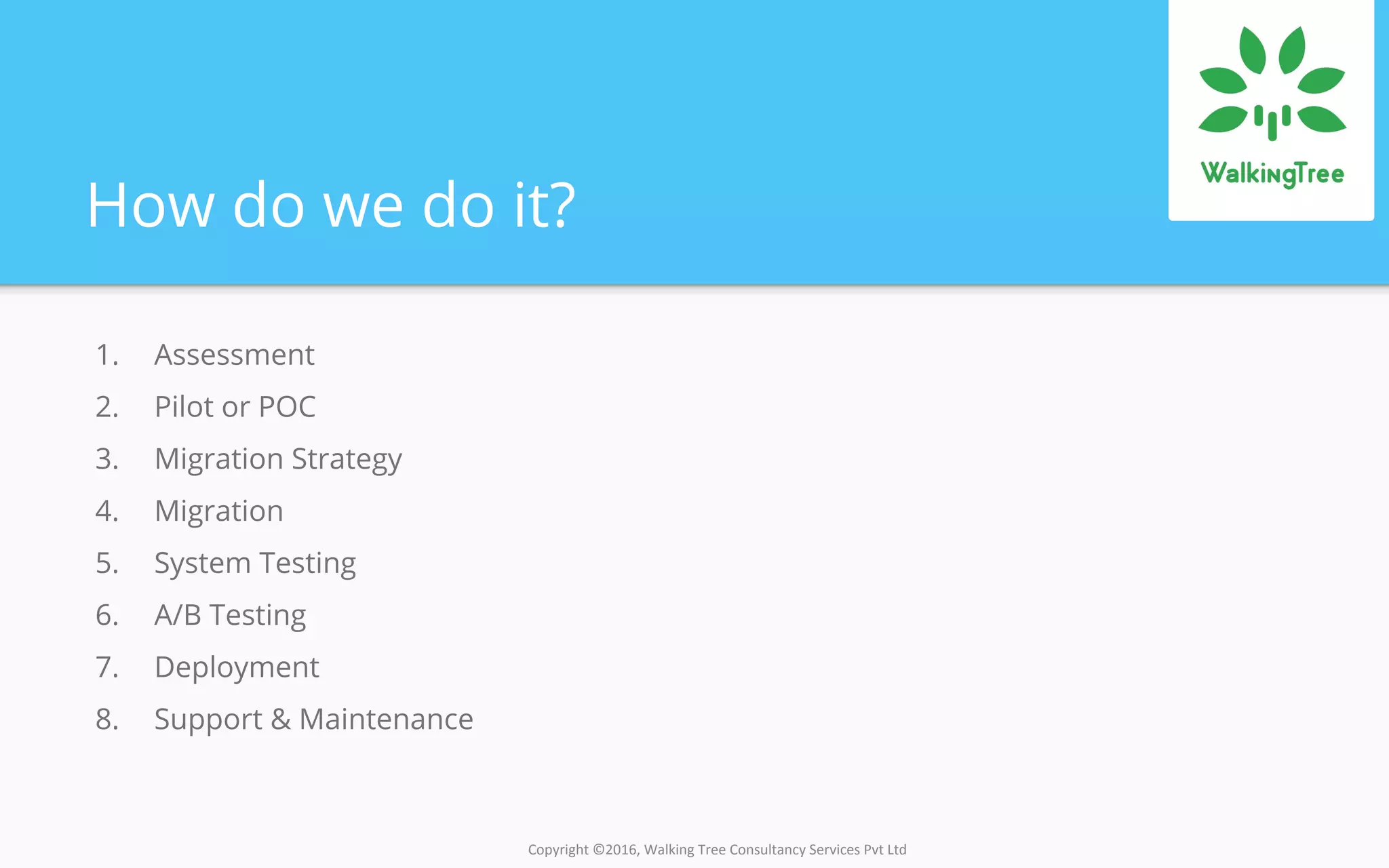 Copyright ©2016, Walking Tree Consultancy Services Pvt Ltd
How do we do it?
1. Assessment
2. Pilot or POC
3. Migration Strategy
4. Migration
5. System Testing
6. A/B Testing
7. Deployment
8. Support & Maintenance
 
