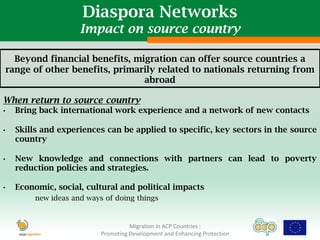 Diaspora Networks
                       Impact on source country

      Beyond financial benefits, migration can offer source countries a
    range of other benefits, primarily related to nationals returning from
                                   abroad

When return to source country
•     Bring back international work experience and a network of new contacts

•     Skills and experiences can be applied to specific, key sectors in the source
      country

•     New knowledge and connections with partners can lead to poverty
      reduction policies and strategies.

•     Economic, social, cultural and political impacts
           new ideas and ways of doing things


                                       Migration in ACP Countries :
                             Promoting Development and Enhancing Protection
 