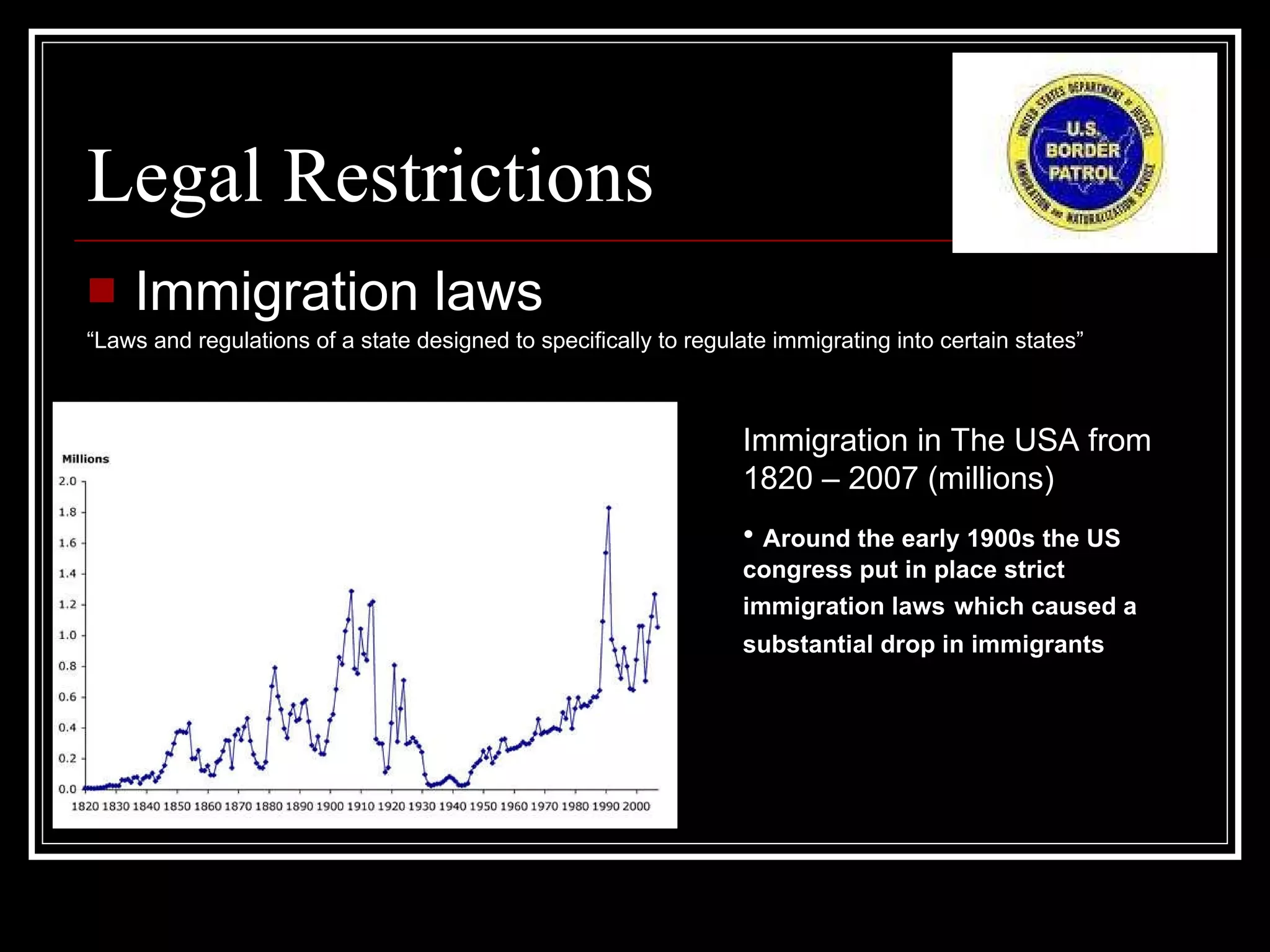 Legal Restrictions  Immigration laws “ Laws and regulations of a state designed to specifically to regulate immigrating into certain states” Immigration in The USA from 1820 – 2007 (millions) Around the early 1900s the US congress put in place strict immigration laws   which caused a substantial drop in immigrants   