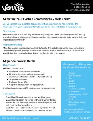 VanillaForums.com
1-866-845-0815
sales@vanillaforums.com
©2015 Vanilla Forums, Inc. All rights reserved. MIGRATION DATASHEET
Migrating Your Existing Community to Vanilla Forums
We’ve successfully migrated dozens of existing communities. We can make the
migration from your legacy platform to Vanilla an easy and stress-free experience.
Our Process
We take the time to plan your migration from beginning to end. We'll give you ample time for testing
and orientation and schedule the migration based on your current web traffic patterns to minimize the
impact to your community.
Migrate Everything
Most data formats can be easily imported into Vanilla. This includes passwords, images, emoticons,
uploaded files, private messages, banned users and more. We will also work with you to ensure that
your SEO ranking is maintained and that any key functionality is preserved.
Migration Process Detail
Data Transfer
What we need from you:
A complete export of your forum data.
Attachments, avatars, private messages, etc.
Your forum’s official email address (for notifications).
Sample URL redirects.
The legacy forum URL.
A login for an account on the legacy forum.
Test Import
1. Vanilla will import your data to your Vanilla account.
2. Vanilla will program its ‘porter’ software to work with your
specific data set. This helps automate the final migration and
reduces the risk of manual errors.
3. Staff and moderators can be invited to login once the test
import is complete to preview and test new functionality.
Migrate with confidence from
any of these forum platforms:
Lithium
GetSatisfaction
Jive
phpBB
bbPress
vBulletin
Invision Power (IPB)
Simple Press
Simple Machines (SMF)
ZenDesk
Pluck
Home-grown legacy
software
Don't see yours in this list?
Contact us and we'll work with you.
Vanilla will create a secure FTP site to receive the required data.
 