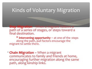 Kinds of Voluntary Migration

∗ Step Migration – When a migrant follows a
  path of a series of stages, or steps toward a
  final destination.
       * intervening opportunity – at one of the steps
      along the path, pull factors encourage the
 migrant to settle there.

∗ Chain Migration – When a migrant
  communicates to family and friends at home,
  encouraging further migration along the same
  path, along kinship links.
 