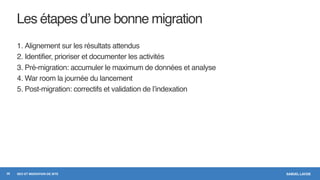 SAMUEL LAVOIESEO ET MIGRATION DE SITE
Les étapes d’une bonne migration
1. Alignement sur les résultats attendus
2. Identifier, prioriser et documenter les activités
3. Pré-migration: accumuler le maximum de données et analyse
4. War room la journée du lancement
5. Post-migration: correctifs et validation de l’indexation
28
 