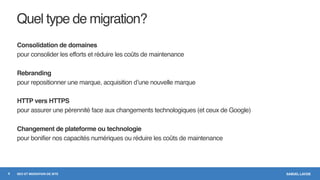 SAMUEL LAVOIESEO ET MIGRATION DE SITE
Quel type de migration?
Consolidation de domaines
pour consolider les efforts et réduire les coûts de maintenance
Rebranding
pour repositionner une marque, acquisition d’une nouvelle marque
HTTP vers HTTPS
pour assurer une pérennité face aux changements technologiques (et ceux de Google)
Changement de plateforme ou technologie
pour bonifier nos capacités numériques ou réduire les coûts de maintenance
8
 