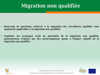 Migration non qualifiée


•   Beaucoup de questions relatives à la migration des travailleurs qualifiés sont
    également applicables à la migration non qualifiée


• Exploiter les avantages réels ou potentiels de la migration non qualifiée
    généralement éclipsés par des préoccupations quant à l'impact négatif de la
    migration non qualifiée




                                    La migration dans les pays ACP:
                        Contribuer au développement et renforcer la protection
 