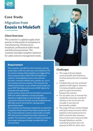 Case Study
Migration from
Enosix to MuleSoft
Client Overview
The customer is a global supply chain
partner to thousands of companies in
manufacturing, infrastructure,
broadcast, professional audio-visual,
and telecommunications. The
customer provides complete solutions
for cable and wire management needs.
Challenges
• The usage of Enosix helped
connecting SAP with Salesforce,
and that worked for the immediate
needs.
• It helped with real-time and batch
updates to SAP objects. However,
it introduced tightly coupled,
point-to-point connections
between the systems.
• For any other user or channel that
needed the same data, outside of
salesforce, the service was not
reusable, it was also not
horizontally scalable.
• The usage of Enosix surface helped
with quick setup of screens within
Salesforce that would connect to
SAP to view the data. However,
these screens were only accessible
through Salesforce, and the
underlying functions were not
exposed as APIs for other users.
1
Requirement
The customer uses SAP for their Inventory, pricing,
quotes data, while the sales team uses Salesforce for
its activity tracking. Daily pipelines are triggered for
data synchronization within SAP and Salesforce
systems. These pipelines ensure the customer
accounts, inventory details, price, quotes, etc. are in
sync between the two systems. The customer has
implemented Enosix, an out-of-box services layer on
top of SAP that helps with access to SAP objects for
read and write operations.
Enosix Surface comes with functionality to connect to
SAP from within Salesforce. Enosix provides
Salesforce (Lightening) screens through which a
connection to Enosix Surface may be established and
SAP data may be retrieved for viewing and/or
generating reports.
The customer was looking to implement an enterprise
integration iPaaS solution that helps standardize the
ﬂow of data between systems and provides reusable
APIs that may be invoked from other channels, as
needed. The customer sought to transform enterprise
technology landscape through reusable APIs and
microservices.
 