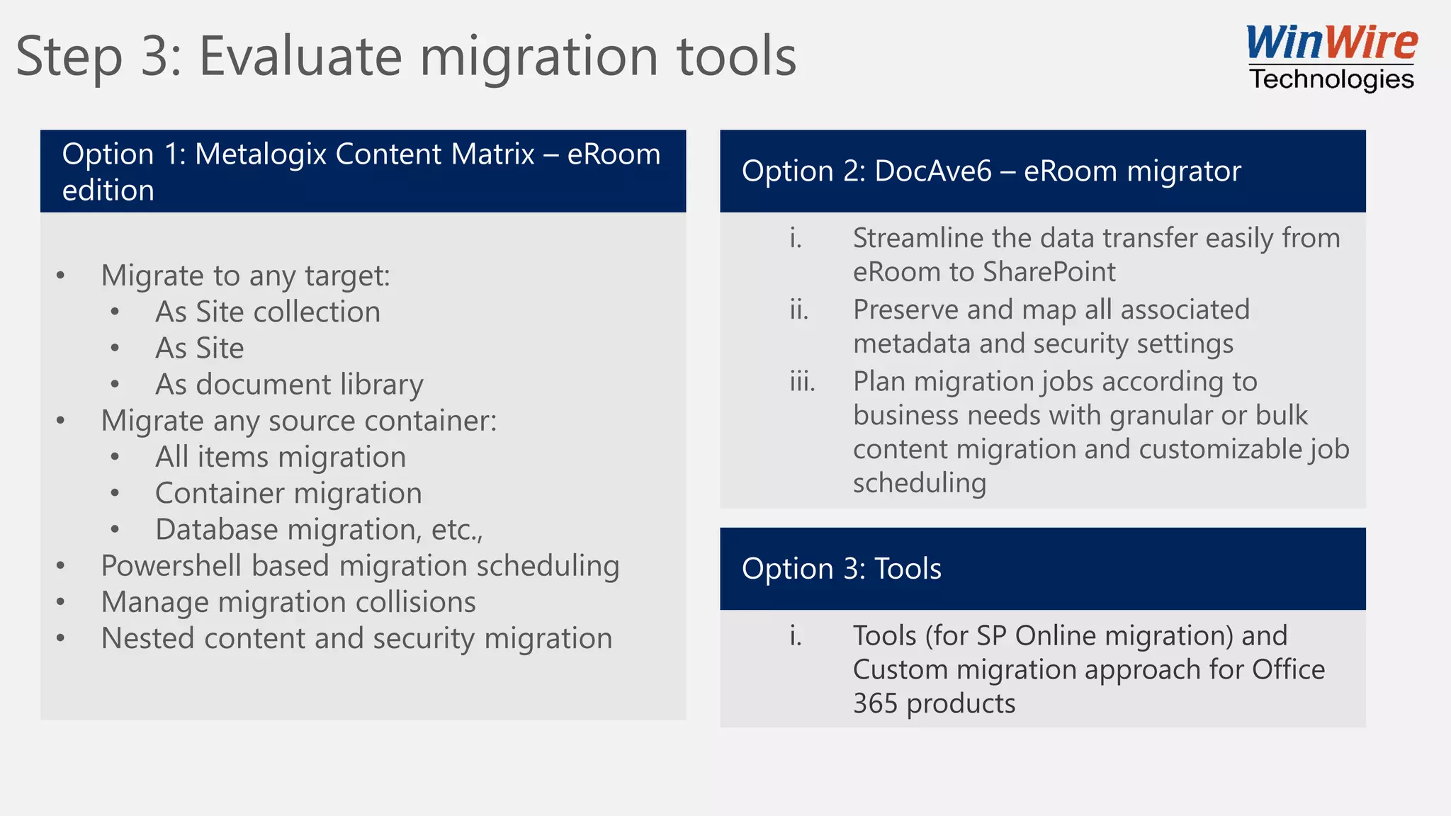 Step 3: Evaluate migration tools
• Migrate to any target:
• As Site collection
• As Site
• As document library
• Migrate any source container:
• All items migration
• Container migration
• Database migration, etc.,
• Powershell based migration scheduling
• Manage migration collisions
• Nested content and security migration
Option 1: Metalogix Content Matrix – eRoom
edition
Option 2: DocAve6 – eRoom migrator
i. Streamline the data transfer easily from
eRoom to SharePoint
ii. Preserve and map all associated
metadata and security settings
iii. Plan migration jobs according to
business needs with granular or bulk
content migration and customizable job
scheduling
Option 3: Tools
i. Tools (for SP Online migration) and
Custom migration approach for Office
365 products
 