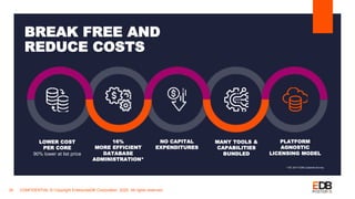CONFIDENTIAL © Copyright EnterpriseDB Corporation, 2020. All rights reserved.28
BREAK FREE AND
REDUCE COSTS
16%
MORE EFFICIENT
DATABASE
ADMINISTRATION*
NO CAPITAL
EXPENDITURES
LOWER COST
PER CORE
90% lower at list price
MANY TOOLS &
CAPABILITIES
BUNDLED
PLATFORM
AGNOSTIC
LICENSING MODEL
* IDC 2017 EDB Customer Survey
 