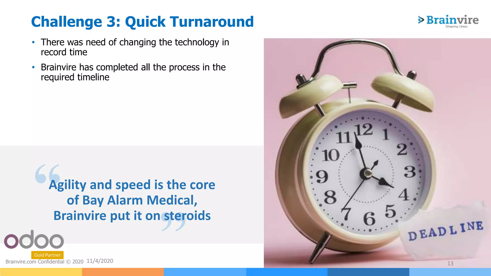 ”
• There was need of changing the technology in
record time
• Brainvire has completed all the process in the
required timeline
11/4/2020 13Brainvire.com Confidential © 2020
Challenge 3: Quick Turnaround
“Agility and speed is the core
of Bay Alarm Medical,
Brainvire put it on steroids
 