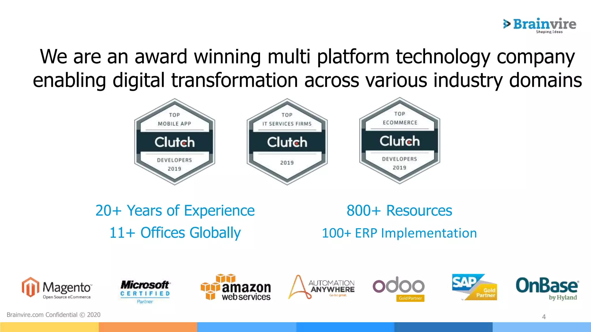 4Brainvire.com Confidential © 2020
We are an award winning multi platform technology company
enabling digital transformation across various industry domains
20+ Years of Experience 800+ Resources
11+ Offices Globally 100+ ERP Implementation
 