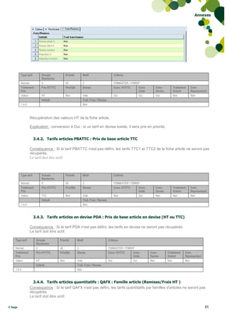 Annexes




         Type tarif         Groupe              Priorité       Motif                       Critères
                            Recherche
         Normal             0                   50             2                           ITMMASTER / ITMREF
         Traitement         Prix HT/TTC         Prix/Qté       Devise                      Conv. HT/TTC     Conv.       Conv.        Traitement   Com.
         Prix                                                                                               Unité       Devise       Gratuit      Représentant
         Valeur             HT                  Non            Vide                        Oui              Oui         Oui          Non          Non
                            Intitulé                           Trait. Frais / Remise
         1à5                                                   Non



                 Récupération des valeurs HT de la fiche article.

                 Explication : conversion à Oui : si un tarif en devise existe, il sera pris en priorité.


                      3.4.2. Tarifs articles PBATTC : Prix de base article TTC

                 Conséquence : Si le tarif PBATTC n'est pas défini, les tarifs TTC1 et TTC2 de la fiche article ne seront pas
                 récupérés.
                 Le tarif doit être actif.



         Type tarif         Groupe              Priorité       Motif                       Critères
                            Recherche
         Normal             0                   50             2                           ITMMASTER / ITMREF
         Traitement         Prix HT/TTC         Prix/Qté       Devise                      Conv. HT/TTC     Conv.       Conv.        Traitement   Com.
         Prix                                                                                               Unité       Devise       Gratuit      Représentant
         Valeur             TTC                 Non            Vide                        Non              Oui         Non          Non          Non
                            Intitulé                           Trait. Frais / Remise
         1à5                                                   Non



                      3.4.3. Tarifs articles en devise PDA : Prix de base article en devise (HT ou TTC)

                 Conséquence : Si le tarif PDA n'est pas défini, les tarifs en devise ne seront pas récupérés.
                 Le tarif doit être actif.

    Type tarif         Groupe             Priorité         Motif                       Critères
                       Recherche
    Normal             0                  48               3                           ITMMASTER / ITMREF
    Traitement         Prix HT/TTC        Prix/Qté         Devise                      Conv. HT/TTC     Conv.       Conv.        Traitement   Com.
    Prix                                                                                                Unité       Devise       Gratuit      Représentant
    Valeur             HT                 Non              Vide                        Oui              Oui         Non          Non          Non
                       Intitulé                            Trait. Frais / Remise
    1à5                                                    Non



                   3.4.4. Tarifs articles quantitatifs : QAFX : Famille article (Remises/Frais HT )
                 Conséquence : Si le tarif QAFX n'est pas défini, les tarifs quantitatifs par familles d'articles ne seront pas
                 récupérés.
                 Le tarif doit être actif.

© Sage                                                                                                                                                       85
 