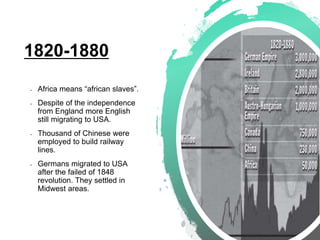 1820-1880
• Africa means “african slaves”.
• Despite of the independence
from England more English
still migrating to USA.
• Thousand of Chinese were
employed to build railway
lines.
• Germans migrated to USA
after the failed of 1848
revolution. They settled in
Midwest areas.
 