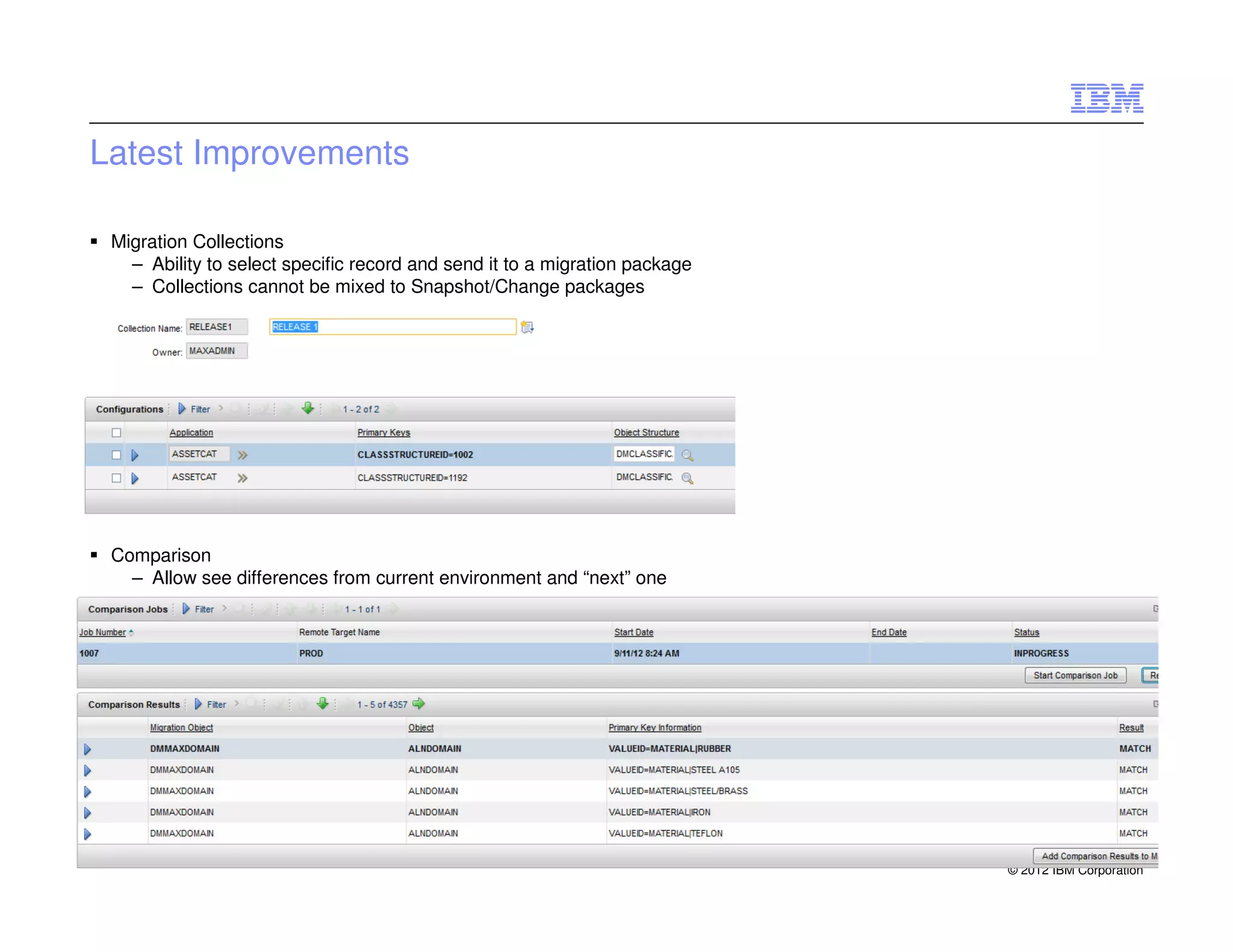 Latest Improvements

 Migration Collections
   – Ability to select specific record and send it to a migration package
   – Collections cannot be mixed to Snapshot/Change packages




 Comparison
   – Allow see differences from current environment and “next” one




                                                                            © 2012 IBM Corporation
 