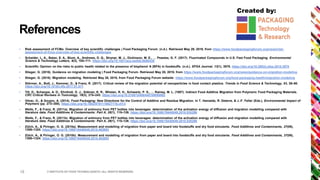 Created by:
References
 Risk assessment of FCMs: Overview of key scientific challenges | Food Packaging Forum. (n.d.). Retrieved May 29, 2019, from https://www.foodpackagingforum.org/news/risk-
assessment-of-fcms-overview-of-key-scientific-challenges
 Schaider, L. A., Balan, S. A., Blum, A., Andrews, D. Q., Strynar, M. J., Dickinson, M. E., … Peaslee, G. F. (2017). Fluorinated Compounds in U.S. Fast Food Packaging. Environmental
Science & Technology Letters, 4(3), 105–111. https://doi.org/10.1021/acs.estlett.6b00435
 Scientific Opinion on the risks to public health related to the presence of bisphenol A (BPA) in foodstuffs. (n.d.). EFSA Journal, 13(1), 3978. https://doi.org/10.2903/j.efsa.2015.3978
 Stieger, G. (2016). Guidance on migration modeling | Food Packaging Forum. Retrieved May 28, 2019, from https://www.foodpackagingforum.org/news/guidance-on-migration-modeling
 Stieger, G. (2018). Migration modeling. Retrieved May 28, 2019, from Food Packaging Forum website: https://www.foodpackagingforum.org/food-packaging-health/migration-modeling
 Störmer, A., Bott, J., Kemmer, D., & Franz, R. (2017). Critical review of the migration potential of nanoparticles in food contact plastics. Trends in Food Science & Technology, 63, 39–50.
https://doi.org/10.1016/j.tifs.2017.01.011
 Till, D., Schwope, A. D., Ehntholt, D. J., Sidman, K. R., Whelan, R. H., Schwartz, P. S., … Rainey, M. L. (1987). Indirect Food Additive Migration from Polymeric Food Packaging Materials.
CRC Critical Reviews in Toxicology, 18(3), 215–243. https://doi.org/10.3109/10408448709089862
 Vitrac, O., & Goujon, A. (2014). Food Packaging: New Directions for the Control of Additive and Residue Migration. In T. Hamaide, R. Deterre, & J.-F. Feller (Eds.), Environmental Impact of
Polymers (pp. 273–308). https://doi.org/10.1002/9781118827116.ch13
 Welle, F., & Franz, R. (2011a). Migration of antimony from PET bottles into beverages: determination of the activation energy of diffusion and migration modelling compared with
literature data. Food Additives & Contaminants: Part A, 28(1), 115–126. https://doi.org/10.1080/19440049.2010.530296
 Welle, F., & Franz, R. (2011b). Migration of antimony from PET bottles into beverages: determination of the activation energy of diffusion and migration modelling compared with
literature data. Food Additives & Contaminants: Part A, 28(1), 115–126. https://doi.org/10.1080/19440049.2010.530296
 Zülch, A., & Piringer, O. G. (2010a). Measurement and modelling of migration from paper and board into foodstuffs and dry food simulants. Food Additives and Contaminants, 27(09),
1306–1324. https://doi.org/10.1080/19440049.2010.483693
 Zülch, A., & Piringer, O. G. (2010b). Measurement and modelling of migration from paper and board into foodstuffs and dry food simulants. Food Additives and Contaminants, 27(09),
1306–1324. https://doi.org/10.1080/19440049.2010.483693
© INSTITUTE OF FOOD TECHNOLOGISTS | ALL RIGHTS RESERVED18
 