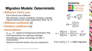 Created by:
Migration Models: Deterministic
 Diffusion: Fick’s Law
• Fick’s Second Law of Diffusion
• MW distribution, density, crystallinity, orientation, solubility,
migrant molecular size, shape, plasticization effect, Tg, Tm
 Diffusion coefficient 𝐷𝐴
𝑃
 Partition coefficient 𝐾𝑝
 Assumptions
• C0, food = 0 , migrant is homogenously distributed in Pkg
• Good approximation for single layer packages
• Overestimation ageing, long storage, low MW ->
Overestimation
• Absence of chemical reaction, loss (e.g. evaporation)
© INSTITUTE OF FOOD TECHNOLOGISTS | ALL RIGHTS RESERVED5
𝜕𝐶𝐴
𝑃
𝜕𝑡
= 𝐷𝐴
𝑃
𝜕2 𝐶𝐴
𝑃
𝜕𝑥2
𝐾𝑝 =
𝐶𝐴
𝑃
(∞)
𝐶𝐴
𝐹
(∞)
𝛼 =
𝑀𝐴
𝐹
(∞)
𝑀𝐴
𝑃
(∞)
=
𝐶𝐴
𝐹
(∞)
𝐶𝐴
𝑃
(∞)
=
𝑉 𝐹
𝐾𝑝 𝑉 𝑃
If 𝛼>>1 & Kp < 1 -> 100% migration
 