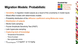 Created by:
Migration Models: Probabilistic
 Variability in migration model outputs as a result of the uncertainty in model inputs
 Mixed effect models with deterministic models
 Probability distribution of the diffusion coefficient using Molecular mass
 Distribution of outputs
 Monte Carlo sampling
 Fourier Amplitude Sensitivity Test (FAST)
 Latin hypercube sampling
 Capturing lack of knowledge
• Temperature fluctuations
• Time of contact
• Non-systematic errors
 Uoverall Migration = 2 mg/dm2 or 12 mg/kg
 