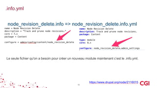 .info.yml
18
https://www.drupal.org/node/2116015
node_revision_delete.info => node_revision_delete.info.yml
Le seule fichier qu'on a besoin pour créer un nouveau module maintenant c’est le .info.yml.
 