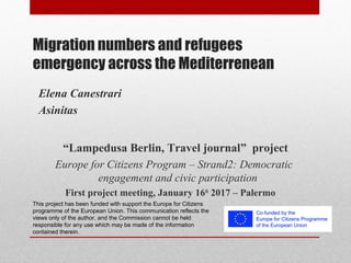 Migration numbers and refugees
emergency across the Mediterrenean
“Lampedusa Berlin, Travel journal” project
Europe for Citizens Program – Strand2: Democratic
engagement and civic participation
First project meeting, January 16th
2017 – Palermo
This project has been funded with support the Europe for Citizens
programme of the European Union. This communication reflects the
views only of the author, and the Commission cannot be held
responsible for any use which may be made of the information
contained therein.
 
Elena Canestrari
Asinitas
 