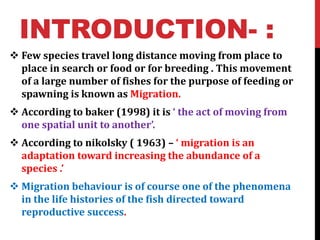 INTRODUCTION- :
 Few species travel long distance moving from place to
place in search or food or for breeding . This movement
of a large number of fishes for the purpose of feeding or
spawning is known as Migration.
 According to baker (1998) it is ‘ the act of moving from
one spatial unit to another’.
 According to nikolsky ( 1963) – ‘ migration is an
adaptation toward increasing the abundance of a
species .’
 Migration behaviour is of course one of the phenomena
in the life histories of the fish directed toward
reproductive success.
 