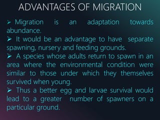ADVANTAGES OF MIGRATION
 Migration is an adaptation towards
abundance.
 It would be an advantage to have separate
spawning, nursery and feeding grounds.
 A species whose adults return to spawn in an
area where the environmental condition were
similar to those under which they themselves
survived when young.
 Thus a better egg and larvae survival would
lead to a greater number of spawners on a
particular ground.
 