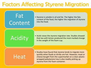 •Styrene is soluble in oil and fat. The higher the fats content of the food, the higher the migration of styrene into the food. Fat Content 
•Acids raises the styrene migration rate. Studies showed that tea with lemon produced the most marked change in the weight of the foam cup. 
Acidity 
•Studies have found that styrene tends to migrate more quickly when foods or drinks are hot. However, meat or cheese bought from the supermarket on a clear-plastic- wrapped polystyrene tray is also readily picking up styrene from the foam container. 
HeatFactors Affecting Styrene Migration  