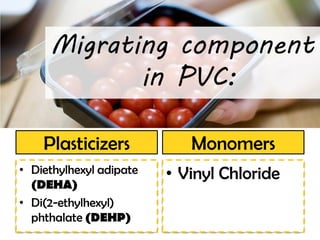 Migrating componentin PVC: 
Plasticizers 
•Diethylhexyladipate(DEHA) 
•Di(2-ethylhexyl) phthalate (DEHP) 
Monomers 
•Vinyl Chloride  