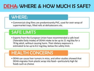 DEHA: WHERE & HOW MUCH IS SAFE? 
•Commercial cling films are predominantly PVC, used for over-wrap of supermarket trays, filled rolls at delicatessens etc. WHERE: 
•Experts from the European Union have recommended a safe level (Tolerable Daily Intake) of DEHA intake to be up to 21 mg/day for a 70 kg adult, without causing harm. Their dietary exposure is estimated to be up to 8.2 mg/day, below the safety limit. SAFE LIMITS 
•DEHA can cause liver tumors in mice, and other studies showed that DEHA migrates from plastic wrap into food—particularly high fat foods such as cheese 
HEALTH CONCERNS  