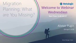 1 Confidential and Proprietary © Metalogix1 Confidential and Proprietary © Metalogix Move, Manage, Protect
Alistair Pugin
04 April 2018
Migration
Planning: What
are You Missing?
Welcome to Webinar
Wednesdays
Start Time: 11:00 AM ET
 