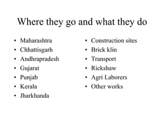 Where they go and what they do
• Maharashtra
• Chhattisgarh
• Andhrapradesh
• Gujarat
• Punjab
• Kerala
• Jharkhanda
• Construction sites
• Brick klin
• Transport
• Rickshaw
• Agri Laborers
• Other works
 