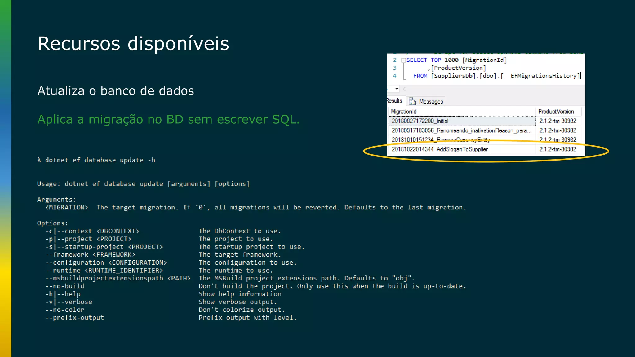 Recursos disponíveis Atualiza o banco de dados Aplica a migração no BD sem escrever SQL. 