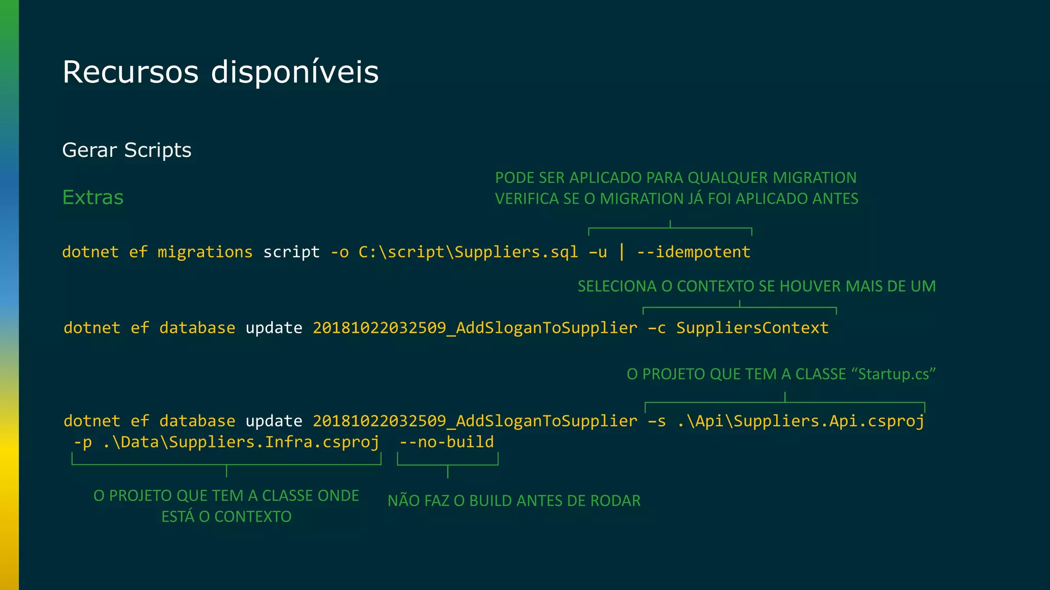 Recursos disponíveis Gerar Scripts Extras dotnet ef migrations script -o C:scriptSuppliers.sql –u | --idempotent PODE SER APLICADO PARA QUALQUER MIGRATION VERIFICA SE O MIGRATION JÁ FOI APLICADO ANTES dotnet ef database update 20181022032509_AddSloganToSupplier –c SuppliersContext SELECIONA O CONTEXTO SE HOUVER MAIS DE UM dotnet ef database update 20181022032509_AddSloganToSupplier –s .ApiSuppliers.Api.csproj -p .DataSuppliers.Infra.csproj --no-build SELECIONA O CONTEXTO SE HOUVER MAIS DE UM O PROJETO QUE TEM A CLASSE “Startup.cs” O PROJETO QUE TEM A CLASSE ONDE ESTÁ O CONTEXTO NÃO FAZ O BUILD ANTES DE RODAR 