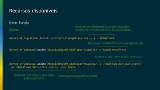Recursos disponíveis
Gerar Scripts
Extras
dotnet ef migrations script -o C:scriptSuppliers.sql –u | --idempotent
PODE SER APLICADO PARA QUALQUER MIGRATION
VERIFICA SE O MIGRATION JÁ FOI APLICADO ANTES
dotnet ef database update 20181022032509_AddSloganToSupplier –c SuppliersContext
SELECIONA O CONTEXTO SE HOUVER MAIS DE UM
dotnet ef database update 20181022032509_AddSloganToSupplier –s .ApiSuppliers.Api.csproj
-p .DataSuppliers.Infra.csproj --no-build
SELECIONA O CONTEXTO SE HOUVER MAIS DE UM
O PROJETO QUE TEM A CLASSE “Startup.cs”
O PROJETO QUE TEM A CLASSE ONDE
ESTÁ O CONTEXTO
NÃO FAZ O BUILD ANTES DE RODAR
 