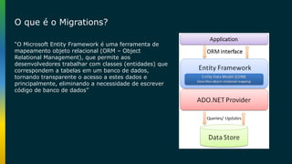 “O Microsoft Entity Framework é uma ferramenta de
mapeamento objeto relacional (ORM – Object
Relational Management), que permite aos
desenvolvedores trabalhar com classes (entidades) que
correspondem a tabelas em um banco de dados,
tornando transparente o acesso a estes dados e
principalmente, eliminando a necessidade de escrever
código de banco de dados”
O que é o Migrations?
 